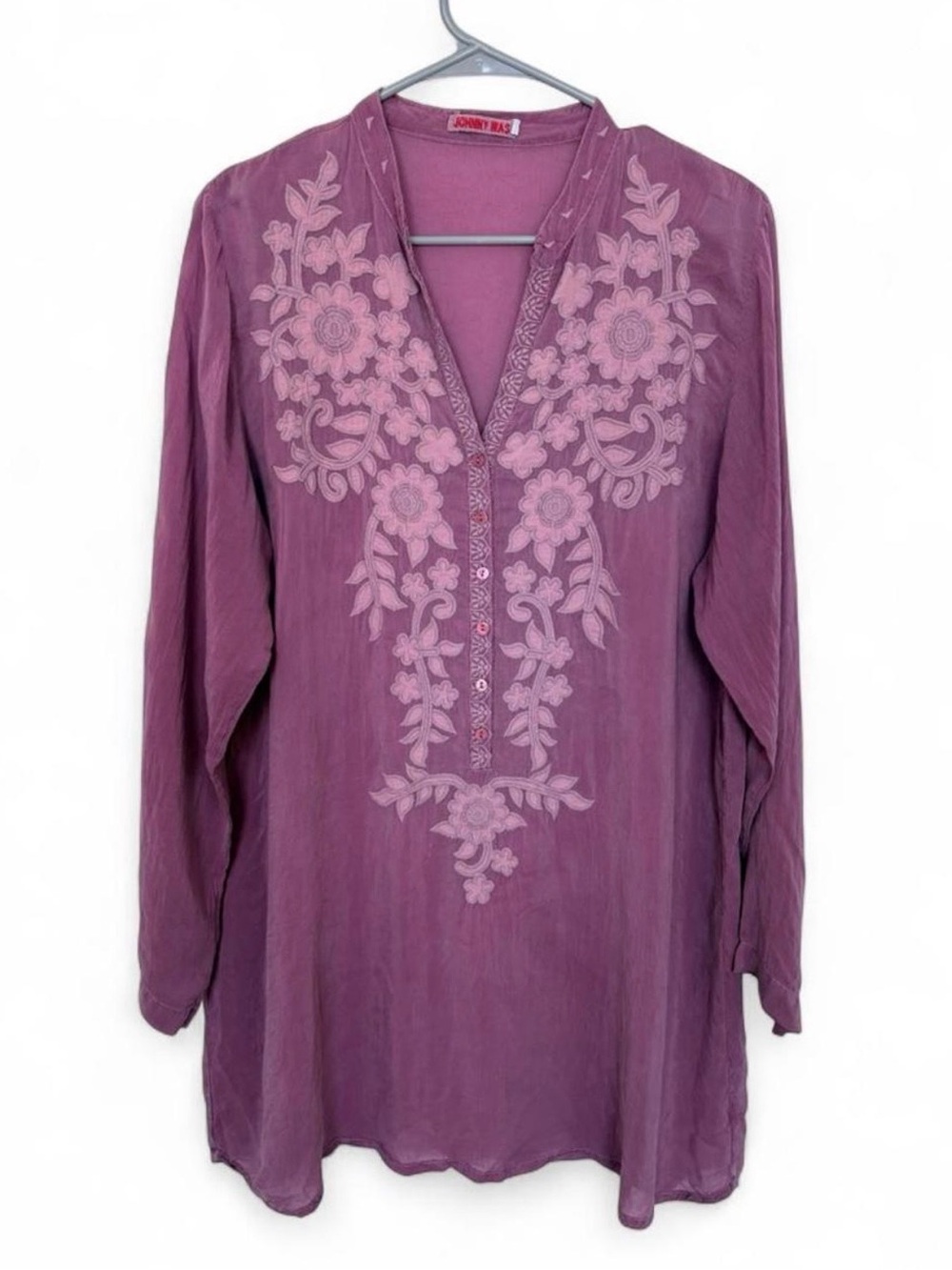 Johnny Was Lavendar Embroidered Button Front Tunic Blouse Large Boho Lightweight